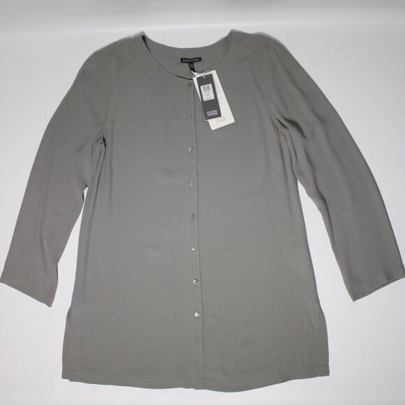 NWT Eileen Fisher Silk Long Sleeve Button Round Neck Tunic Long Icons Top Gray M - Picture 5 of 12